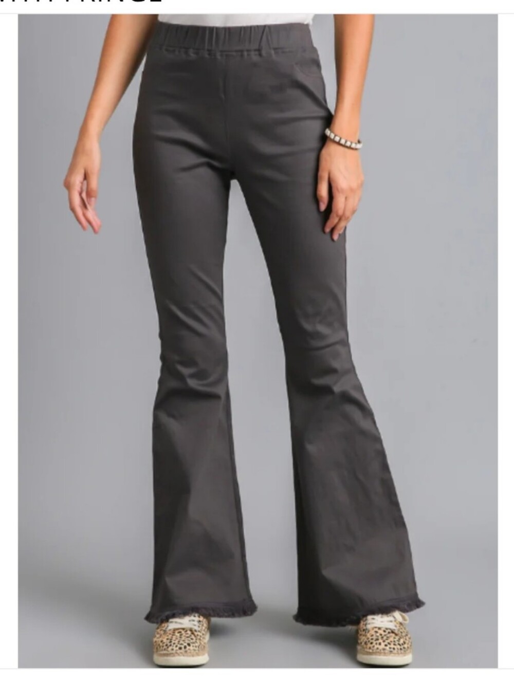 Umgee Dress Pants Womens 1X Gray Twill Pull‎ On Elastic Waist Fringe Stretch